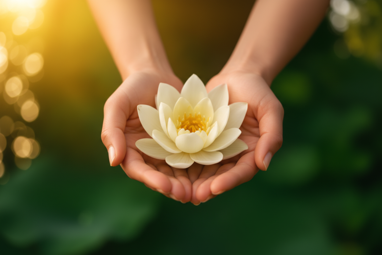 High Resolution Hands Holding Lotus Banner